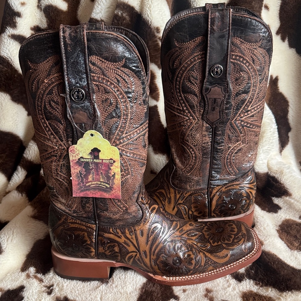 Tanner Mark Hand Tool Brown Leather Western Cowboy Boots